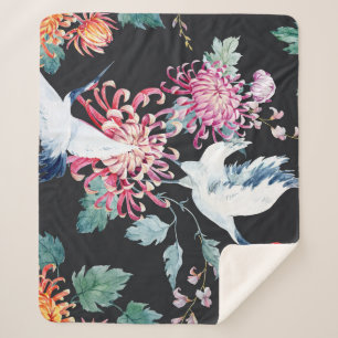 Red Crane Chrysanthemum Watercolor Pattern Sherpa Blanket