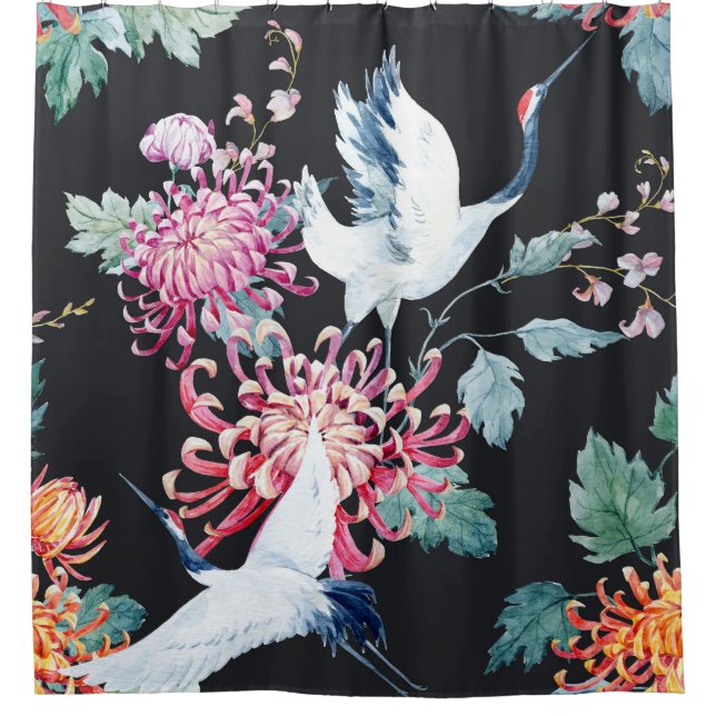 Red Crane Chrysanthemum Watercolor Pattern Shower Curtain (Front)
