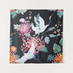 Red Crane Chrysanthemum Watercolor Pattern Tapestry