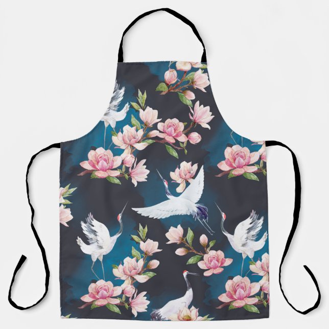 Red Crane Magnolia: Japanese Watercolor. Apron (Front)
