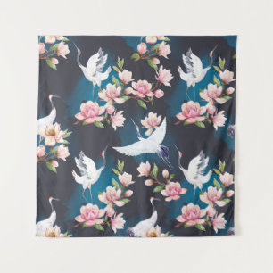 Red Crane Magnolia: Japanese Watercolor. Tapestry