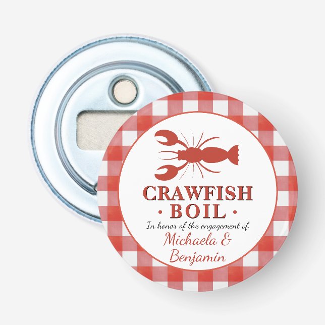 Red Crawfish Boil Seafood Party Picnic Engagement Bottle Opener (Front)