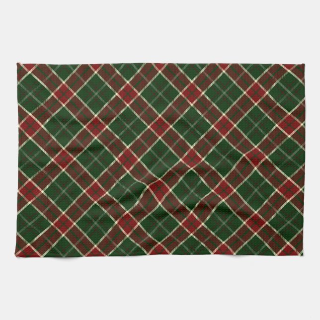 Red, Cream and Green Christmas Plaid Pattern Tea Towel (Horizontal)