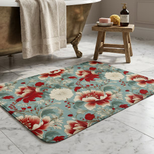 Red, Cream and Green Floral Chinoiserie Bath Mat