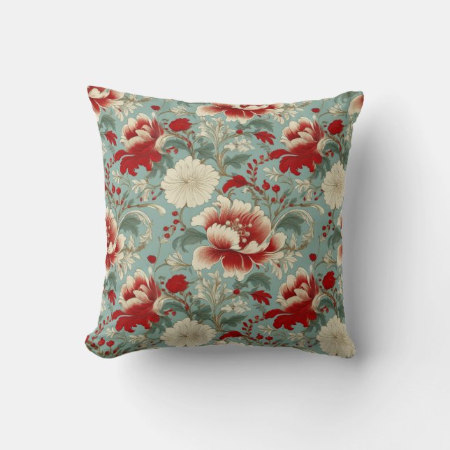 Red, Cream and Green Floral Chinoiserie Cushion (Front)