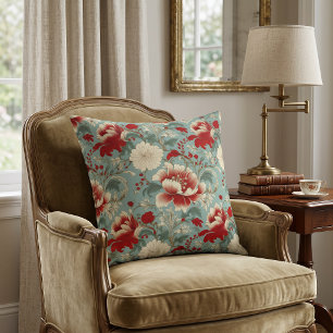 Red, Cream and Green Floral Chinoiserie Cushion
