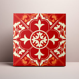Red Cream and Orange Azulejo Mandala Tile