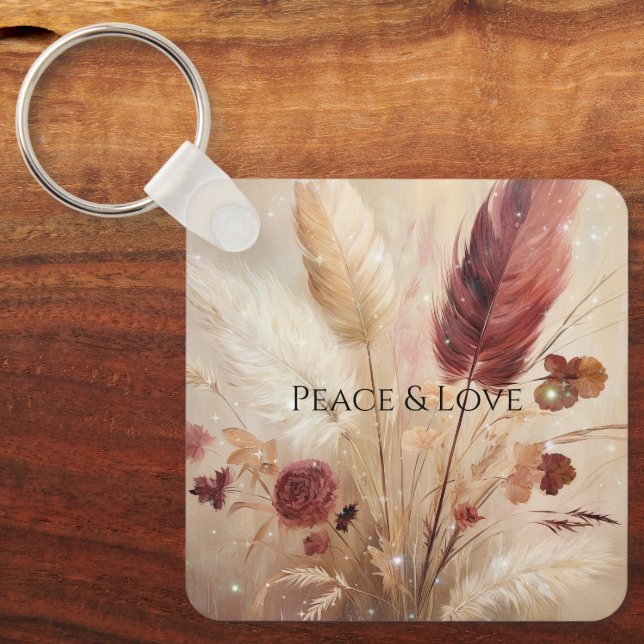 Red Cream Boho Feather Floral Key Ring (Front)