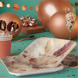 Red Cream Boho Feather Floral Paper Plate