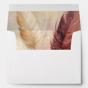 Red Cream Boho Feathers Floral Wedding Envelope