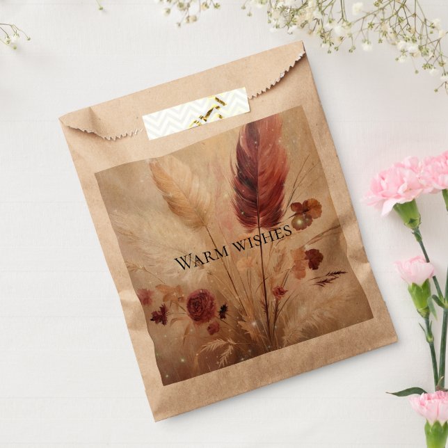 Red Cream Boho Feathers Floral Wedding Favour Bags (Sealed)