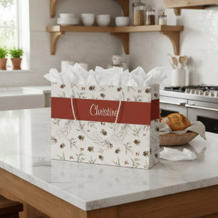 Red Cream Boho Woodland Winterberry Monogram Name Large Gift Bag