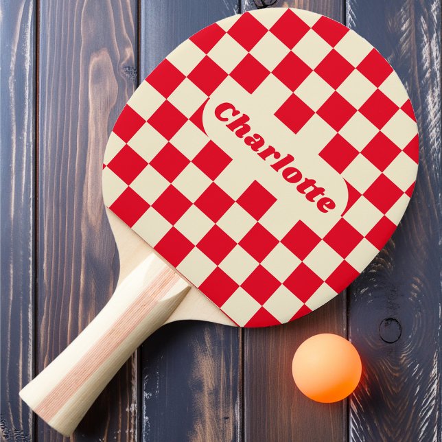 Red & Cream Chequered with Name Ping Pong Paddle (Creator Uploaded)