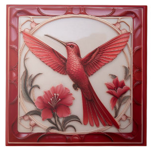Red & cream faux relief Art Nouveau Hummingbird L Tile