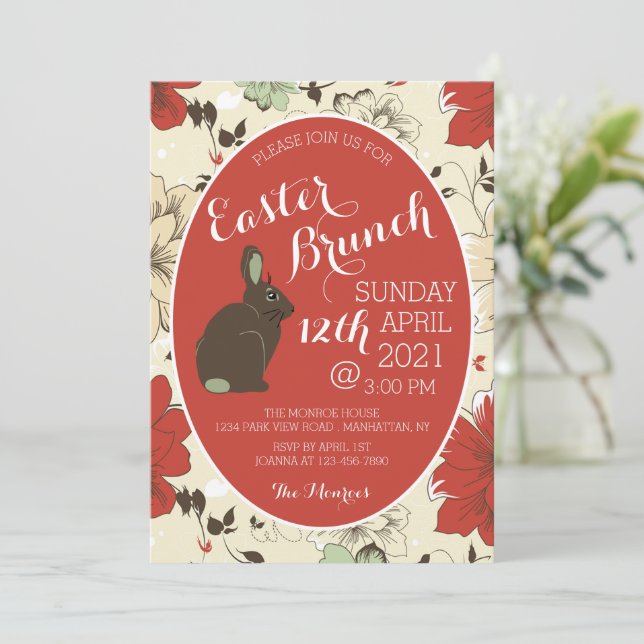 Red & Cream Floral Bunny Easter Egg, Easter Brunch Announcement (Standing Front)