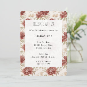 Red Cream Flowers Birthday Invitation