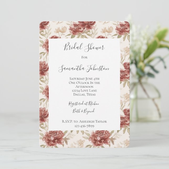 Red Cream Flowers Bridal Shower Invitation (Standing Front)