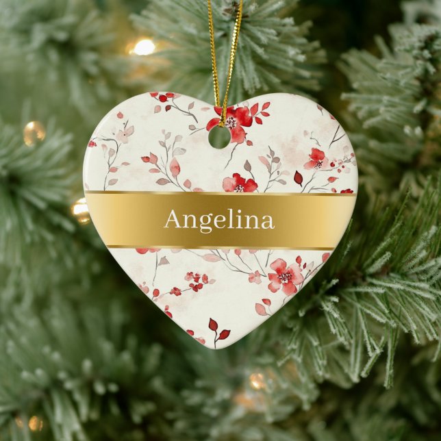 Red Cream Flowers Gold Ribbon Christmas Ceramic Tree Decoration (Tree)