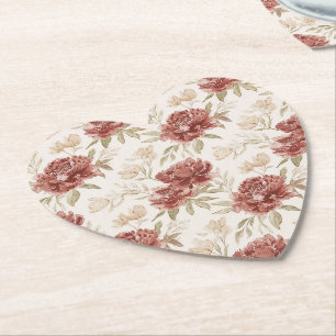 Red Cream Flowers Paper Coaster