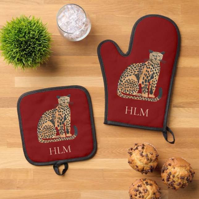 Red Cream Gold Leopard Animal Monogram Oven Mitt & Pot Holder Set (Top Down)