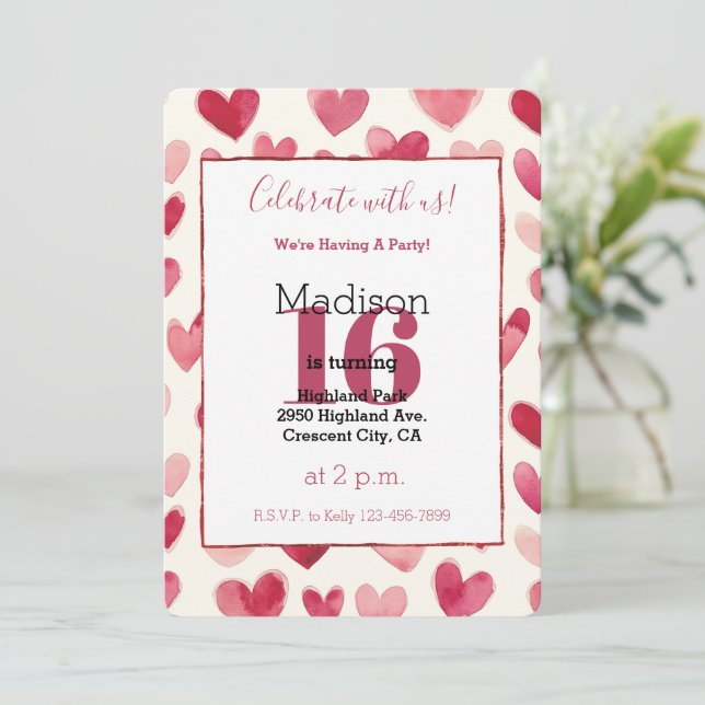 Red Cream Hearts 16th Birthday Invitation (Standing Front)