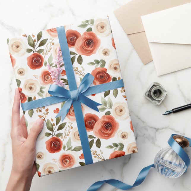 Red Cream Hearts and Flowers Bridal Shower Wrapping Paper (Gifting)