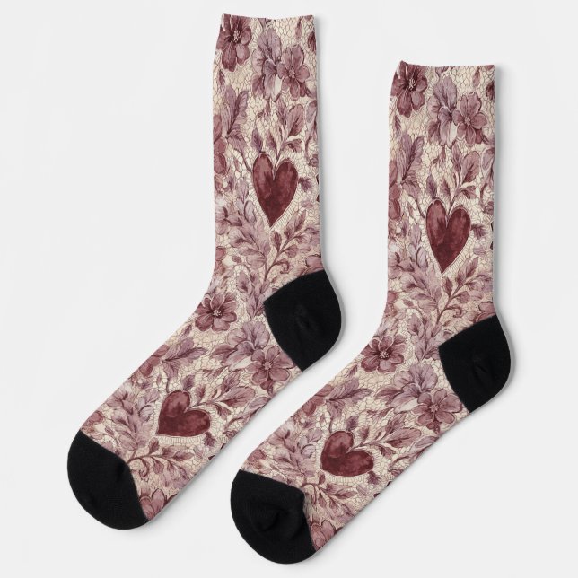 Red Cream Hearts Floral Socks (Left)