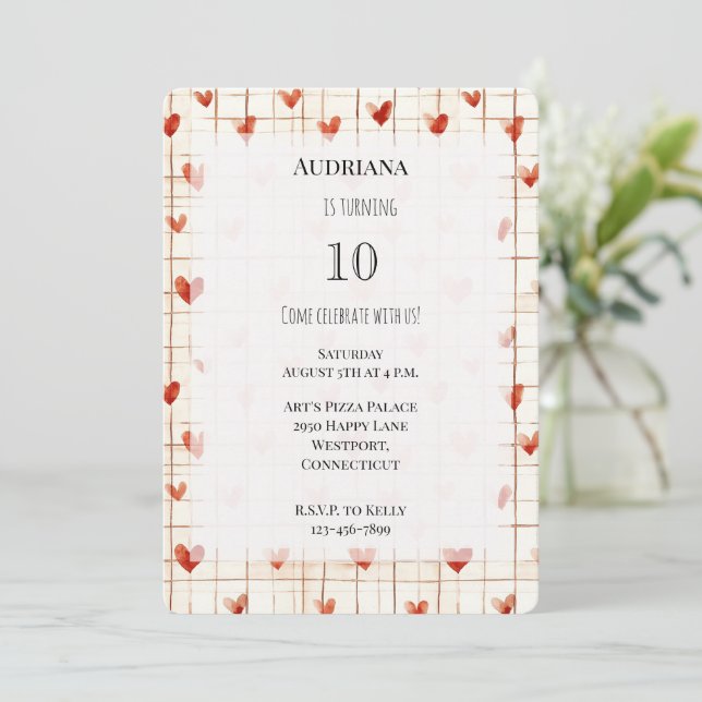 Red Cream Hearts Lines Birthday Invitation (Standing Front)