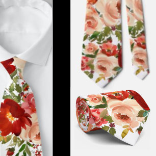 Red Cream Ivory Roses Floral Neck Tie