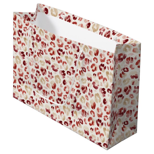 Red Cream Leopard Animal Print Birthday Large Gift Bag (Front Angled)