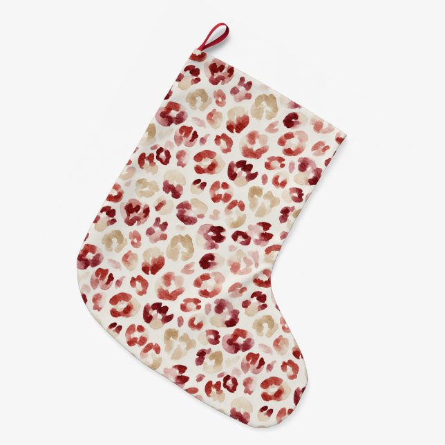 Red Cream Leopard Print Christmas Large Christmas Stocking (Front (Hanging))