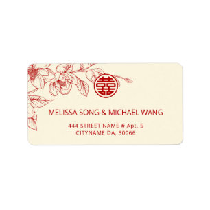 Red Cream Magnolia Chinese Wedding Label