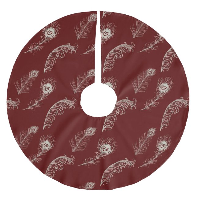 Red Cream Peacock Feathers Christmas Brushed Polyester Tree Skirt (Front)