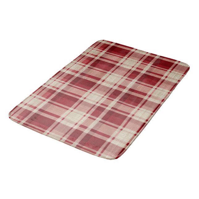 Red Cream Plaid Stripes Bath Mat (Angled)