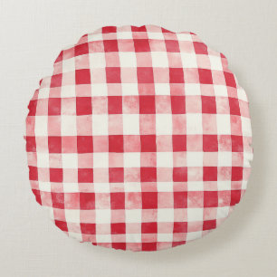 Red Cream Plaid Stripes Birthday Round Cushion