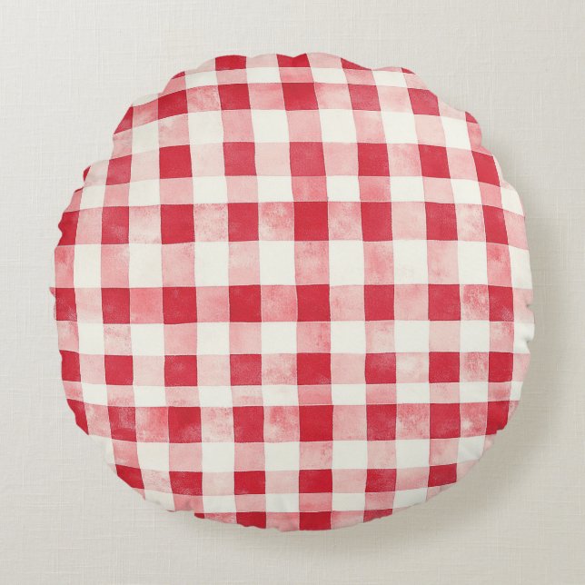 Red Cream Plaid Stripes Birthday Round Cushion (Front)