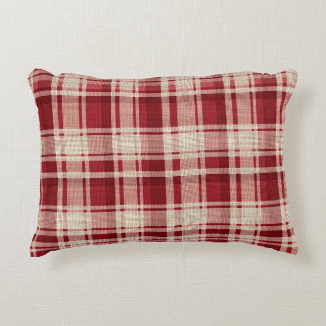 Red Cream Plaid Stripes Decorative Cushion (Front)