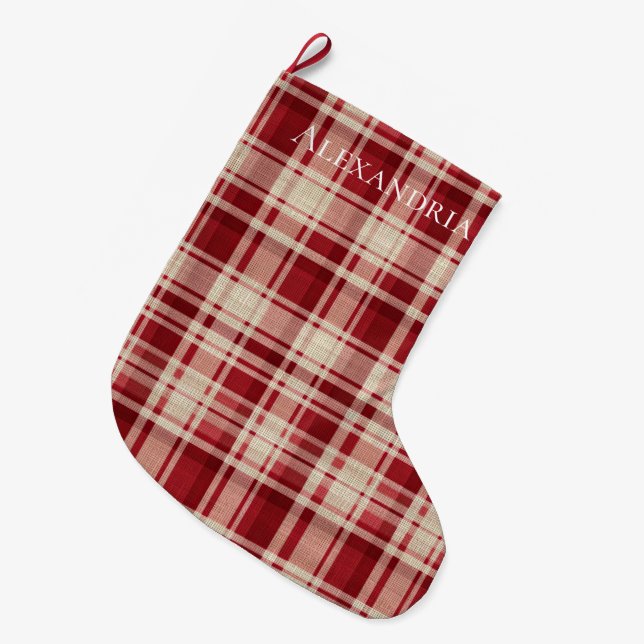 Red Cream Plaid Stripes Large Christmas Stocking (Front (Hanging))
