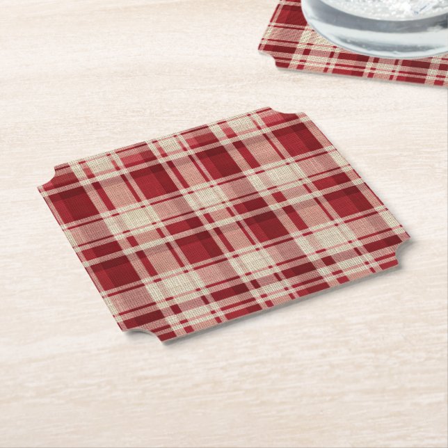 Red Cream Plaid Stripes Paper Coaster (Angled)