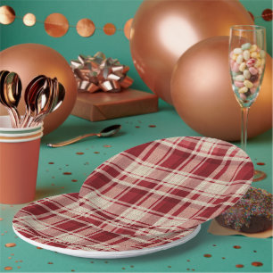 Red Cream Plaid Stripes Paper Plate