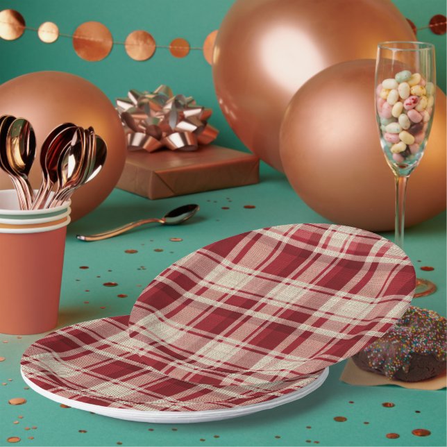 Red Cream Plaid Stripes Paper Plate (Multi)