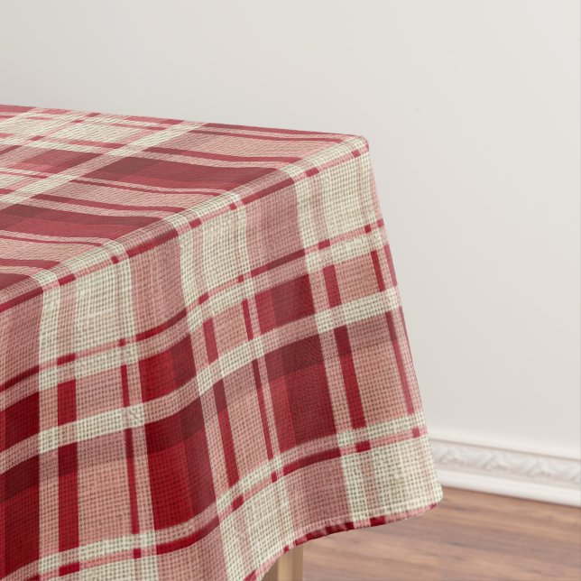 Red Cream Plaid Stripes Tablecloth (In Situ)