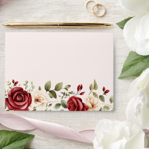 Red Cream Roses Blush Pink Floral Wedding Envelope