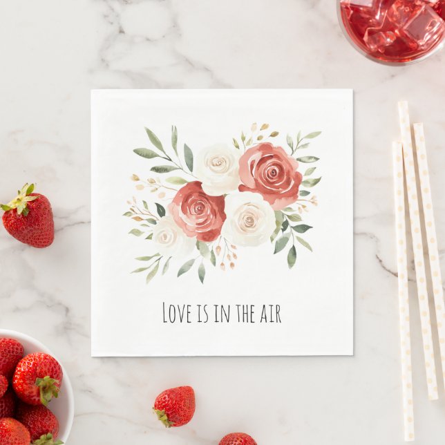 Red Cream Roses Floral Love Bridal Shower Napkin (Insitu)