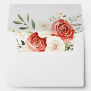Red Cream Roses Floral Wedding Envelope