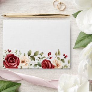 Red Cream Roses Floral Wedding Envelope