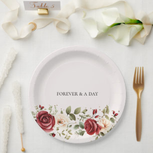 Red Cream Roses Gold Wedding Paper Plate