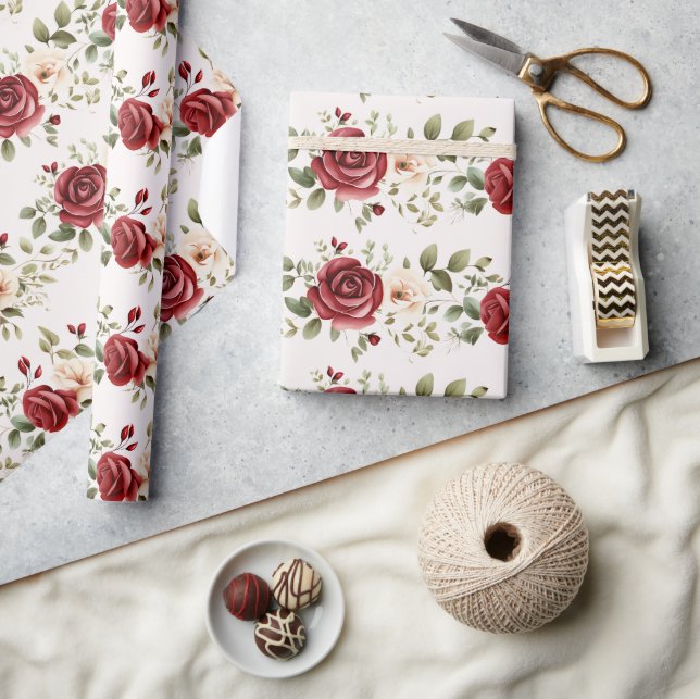 Red Cream Roses Gold Wedding Wrapping Paper (Crafts)