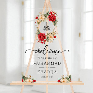 Red Cream Roses Muslim Wedding Welcome Acrylic Sign