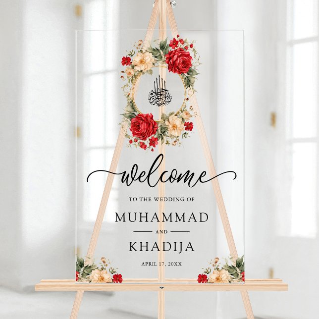 Red Cream Roses Muslim Wedding Welcome Acrylic Sign (Creator Uploaded)
